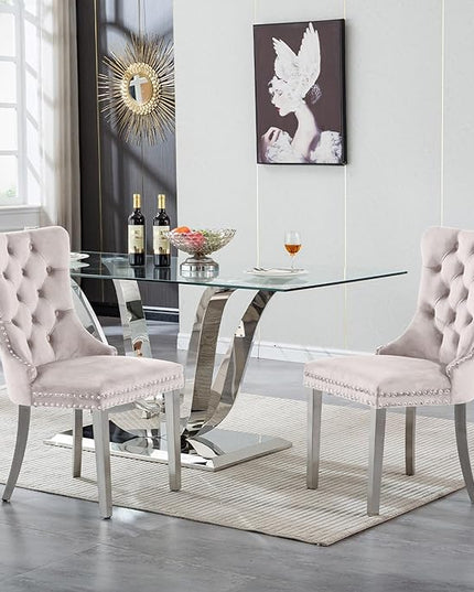 7-Piece Glass Dining Table Set w/6 Beige Upholstered Dining Chairs, 70in Rectangular Large Kitchen Table Set for 6, Glass and Silver Dining Table and Chair Set for 6