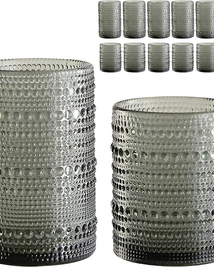 Vintage Glassware Drinking Glasses Set of 12,Grey 12oz & 15oz Hobnail Glass Cups,Embossed Water Tumbler,for Beer,Cocktail,Whiskey,Juice and Various Mixed Drinks- 1 Cleaning Brush