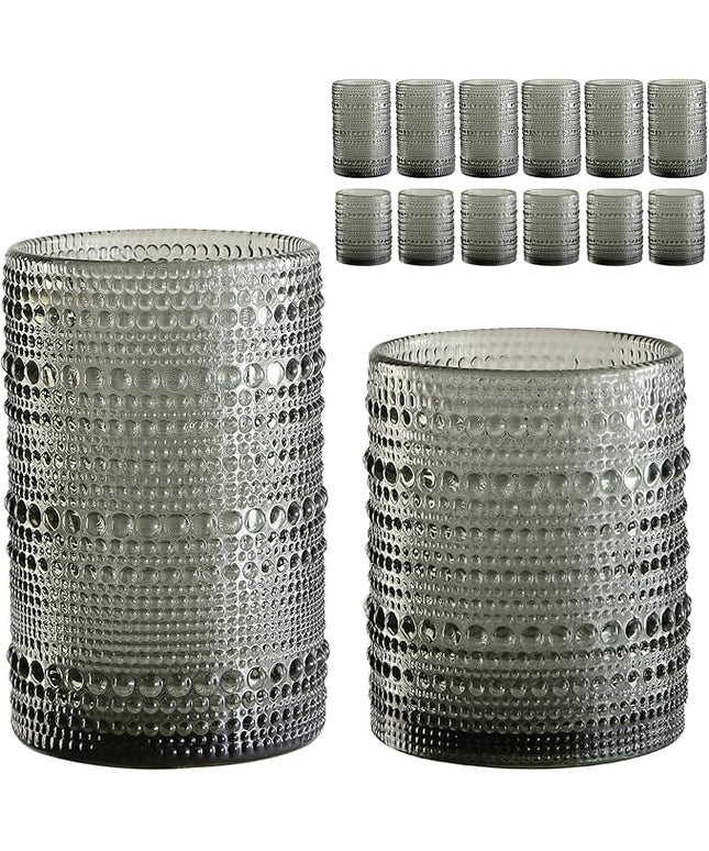 Vintage Glassware Drinking Glasses Set of 12,Grey 12oz & 15oz Hobnail Glass Cups,Embossed Water Tumbler,for Beer,Cocktail,Whiskey,Juice and Various Mixed Drinks- 1 Cleaning Brush