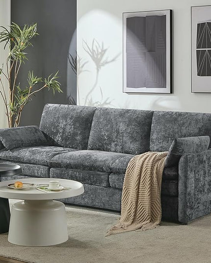 Tbfit Modern Couch, 89" Cloud Sofa Spring Seat Cushions, Comfy 3-Seater w/Pillows, Chenille Fabric Removable Covers, Soft Upholstered Living Room Furniture, Home Apartment, Gray