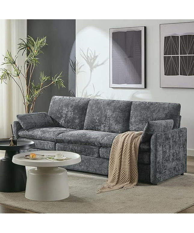 Tbfit Modern Couch, 89" Cloud Sofa Spring Seat Cushions, Comfy 3-Seater w/Pillows, Chenille Fabric Removable Covers, Soft Upholstered Living Room Furniture, Home Apartment, Gray