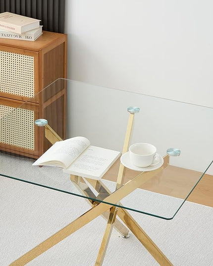 36" Square Glass Dining Table Modern Kitchen Glass Top Table for 4 with Gold Chrome Metal Legs, Clear Dining Table Kitchen Table for Home Office Dining Room