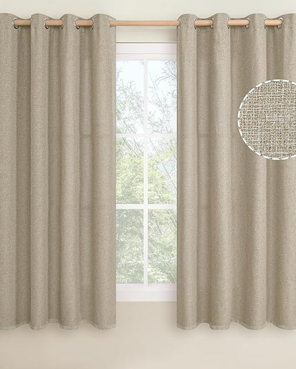 LAMIT Taupe Linen Textured Curtains 63 inches Long for Bedroom, Grommet Thermal Insulated Thick Curtains Burlap Light Filtering Panels for Living Room/Farmhouse, Set of 2 Panels, W52 x L63