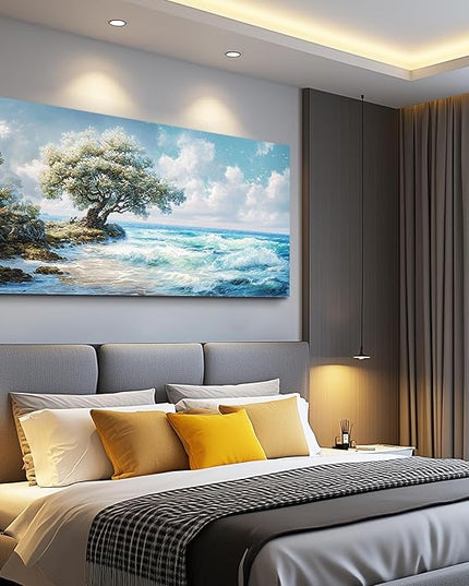 XIGUANGART Large Blue Coastal Wall Art for Living Room Wall Decor for Bedroom Beach Sunset Ocean Waves Nature Seascape Pictures Trees on Rock Scenery Canvas Print Artwork Painting for Bathroom Office