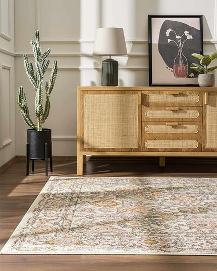 BoutiqueRugs Herstmonceux Boho Vintage Colorful Area Rug - Farmhouse Traditional Floral Rug for Living Room, Bedroom - Cream, Green, Sage, Red, Gray, Taupe, Coral - 6'7" Square