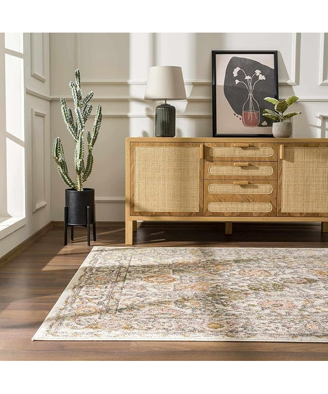 BoutiqueRugs Herstmonceux Boho Vintage Colorful Area Rug - Farmhouse Traditional Floral Rug for Living Room, Bedroom - Cream, Green, Sage, Red, Gray, Taupe, Coral - 6'7" Square