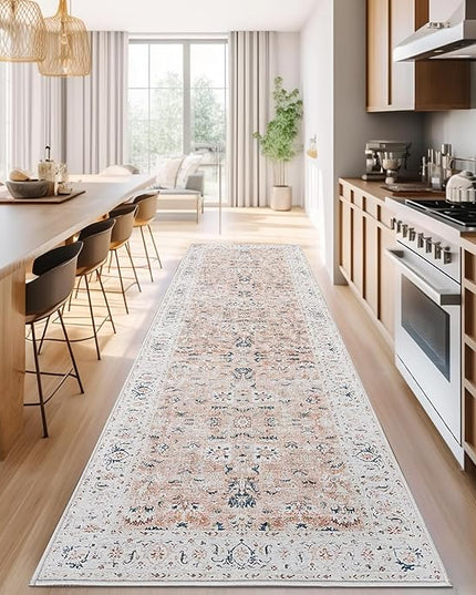 jinchan Hallway Runner Rug 3x8 - Vintage Kitchen Rug Washable Runner Floral Boho Floor Cover Lightweight Non Slip Thin Retro Distressed Carpet for Bathroom Laundry Room Bedroom Stairway Pink Blush