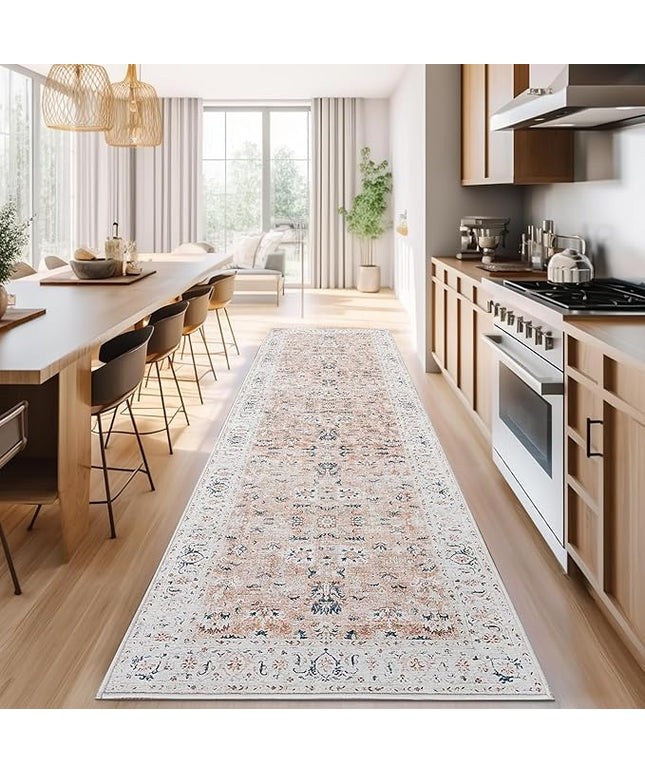 jinchan Hallway Runner Rug 3x10 - Vintage Kitchen Rug Washable Runner Floral Boho Floor Cover Lightweight Non Slip Thin Retro Distressed Carpet for Bathroom Laundry Room Bedroom Stairway Pink Blush
