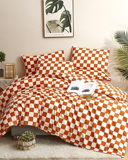 CLOTHKNOW Rust Beige Plaid Twin/Twin XL Comforter Set 3Pcs Grid Bedding Comforter Sets Soft All Season Checker Comforter with 2 x Pillow Cases