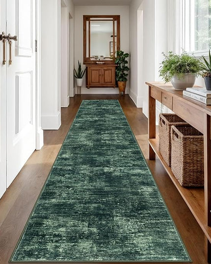 IOHOUZE Abstract Runner Rug 2x12 Ft Washable Runners for Hallways, Non Slip Kitchen Runner Printed Faux Wool Entryway Runner Indoor, Modern Abstract Floor Carpet for Hall Kitchen, Dark Green
