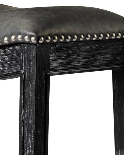 Maven Lane Adrien Backless Bar Stool – Set of 3 – 31 Inch Saddle Seat with Footrest – Black Solid Wood Frame & Grey Faux Leather Upholstery – Ideal for Bars, Pub Tables & Tall Kitchen Counters