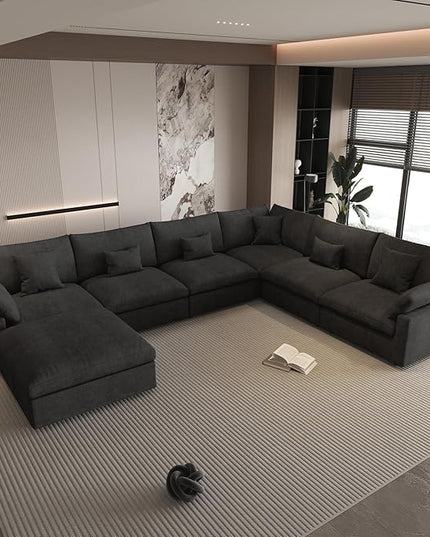 WJShome Cloud Couch for LivingRoom,153" U Shaped Modular Sectional Sofa with Ottoman,Down Filled 7 Seater Convertible Sleeper Sofa Bed Oversized Furniture Sets,Black