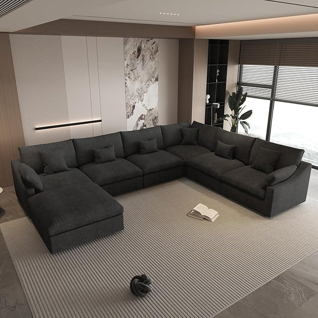 WJShome Cloud Couch for LivingRoom,153" U Shaped Modular Sectional Sofa with Ottoman,Down Filled 7 Seater Convertible Sleeper Sofa Bed Oversized Furniture Sets,Black