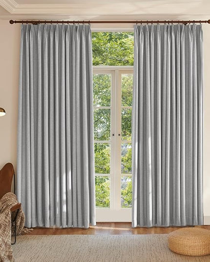 Textured Linen Double Pleated 100% Blackout Curtains for Bedroom/Living Room Blackout Curtains 96 Inches Long, Energy Saving Window Treatment Curtains,26Wx96Lx2,Grey