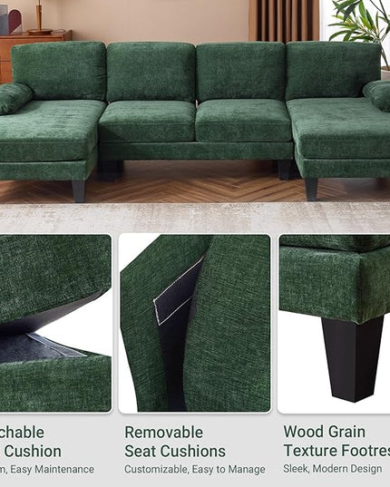 VINGLI 110" Sectional Couches for Living Room,U Shaped Couch with Double Chaise, 4-Seat Sofa Set with Chenille Fabric for Home Furniture,Forest Green