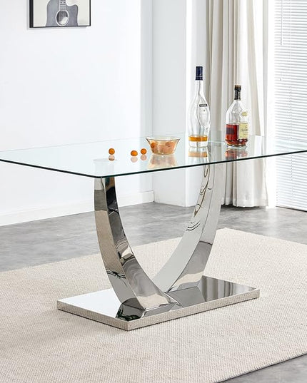 63” Glass Dining Table Set for 6,Modern Dining Room Table Set for 6,Kitchen Table and PU Leather Chairs for 6, Dinner Table with Rectangle Tempered Glass Top and Chrome Silver Base
