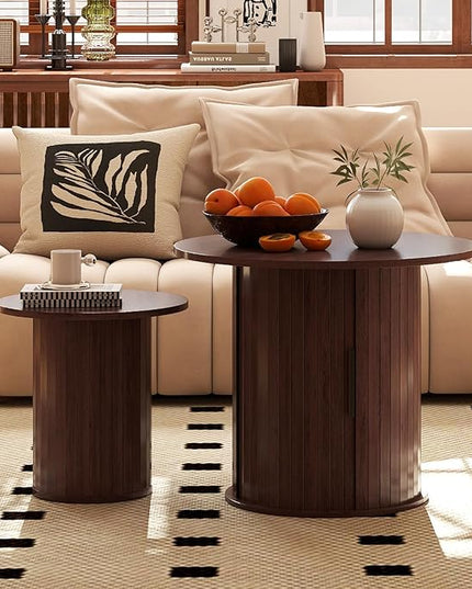 COSVALVE Round Wood Fluted End Table, 15.7“ Circle Farmhouse Side Table Sets for Living Room, Bedroom, Balcony, Small Spaces, Walnut