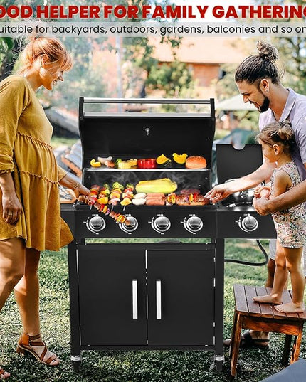 Q043-4-Burner w/Side Burner Gas Grill with 292 SQ.IN. Outdoor Grill with 44,000 BTU,Propane Grills with Top Cover Lid,Grills Outdoor Cooking for Patios,Camping,Balcony,Garden