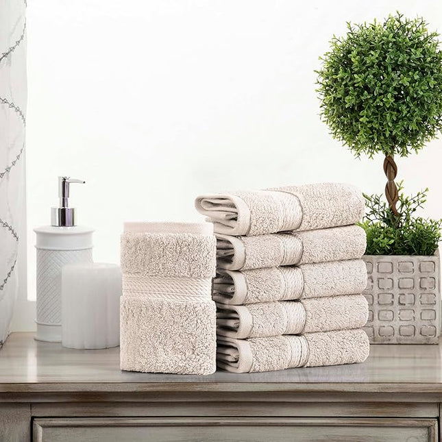 Superior Egyptian Cotton Pile Face Towel/Washcloth Set of 6, Ultra Soft Luxury Towels, Thick Plush Essentials, Absorbent Heavyweight, Guest Bath, Hotel, Spa, Home Bathroom, Shower Basics, Stone