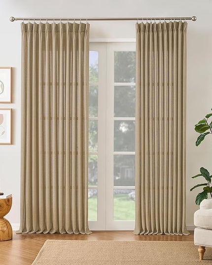 Dark Flax Pinch Pleated Linen Curtains 105 Inches Long Semi Sheer Memory Trained Ripple Fold Curtain with Hooks Back Tab Textured Light Filtering Drapes for Bedroom Living Room 50x105 Set of 2