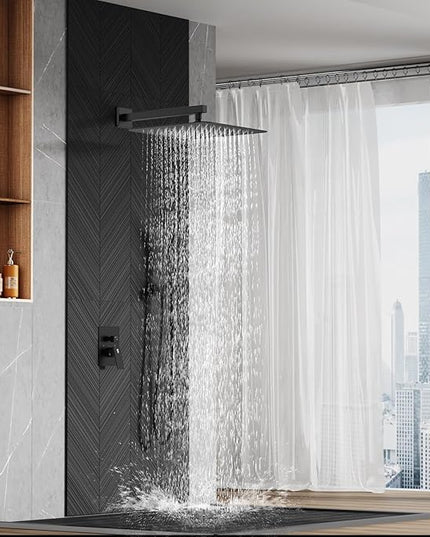 SR SUN RISE Matte Black Square Rainfall Shower Head and Handle Set, Wall Mounted Shower Fixtures, Metal Shower Faucet Trim Repair Kits (With Shower Valve) 16 Inches