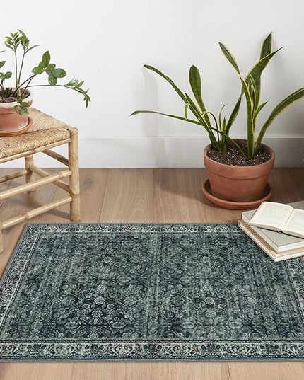 2x3 Washable Rug Soft Area Rug for Entryway, Dark Green Non-Slip Indoor Door Mat Distressed Floral Low-Pile Kitchen Rugs, Neutral Vintage Carpet for Entrance Kitchen Bedside Farmhouse