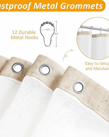 Naturoom Natural Linen Shower Curtain with Snap in Liner Set Rustic Farmhouse Shower Curtains for Bathroom 200GSM Textured Cream Burlap Cloth Double Bath Curtains with See Through Top Window 72x84