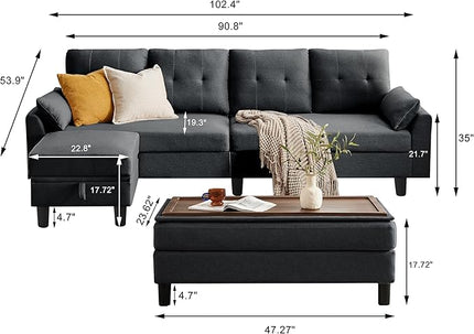 Convertible Sectional Sofa, Modern L Shaped Couch,Linen Fabric 4-Seat Sofa Set with Storage Ottoman and Coffee Table for Living Room, Dark Gray