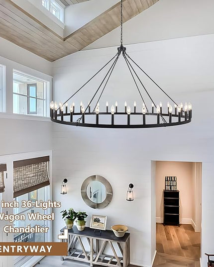 Black Extra Large Wagon Wheel Chandelier, 60 inch 36 Lights Farmhouse Chandelier, Industrial Candle Round Pendant Light Fixture for High Ceiling Living Room Dining Room Outdoor Porch Entryway Hallway