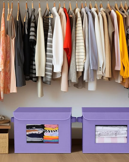 Univivi Storage Bins with Lids [4-Pack] Fabric Lidded Storage Baskets Stackable Closet Storage Bins, Closet Organizers and Storage with Lid & Clear Window for Home, Office, Bedroom (Purple)