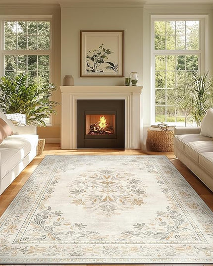 jinchan Vintage Floral 8x10 Area Rugs for Living Room - Machine Washable Distressed Design Soft Throw Rug Thin Non-Slip Large Carpet for Bedroom Nursery Dining Room Home Office (8x10ft,Light Grey)