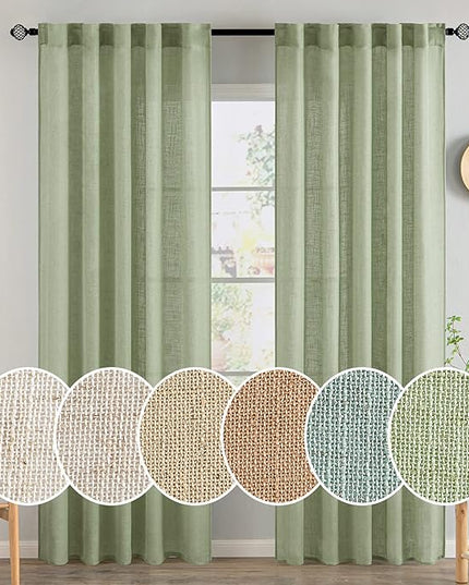 MIULEE Sage Green Linen Curtains 84 Inch Length 2 Panels for Bedroom Living Room, Soft Thick Linen Textured Window Drapes Semi Sheer Light Filtering Back Tab Rod Pocket Burlap Look Decor