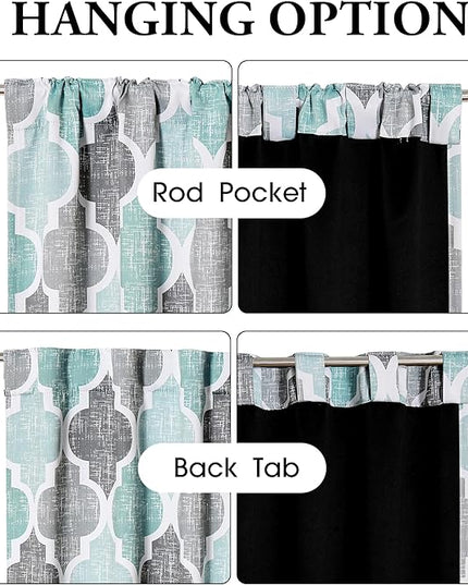 Beauoop 100% Blackout Curtains 84 Inches Long 2 Panels for Bedroom Living Room Aqua Grey Moroccan Geo Room Darkening Thermal Insulated Soundproof Rod Pocket Back Tab Window Treatments Drapes, 50x84