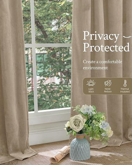 LAMIT Taupe Velvet Curtains 120 Inch for Living Room, Thick Thermal Insulated Room Darkening Drapes Super Soft Elegant Back Tab and Rod Pocket Panels for Sliding Glass Door, 2 Panels, 52 x 120 Inch