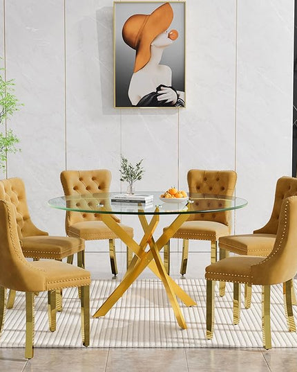 Round Glass Dining Table Set for 6, 47'' Clear Circular Kitchen Table and Chairs Set, 7PCS Modern Circle Dining Room Table Set with 6 Velvet Dining Chair for Home