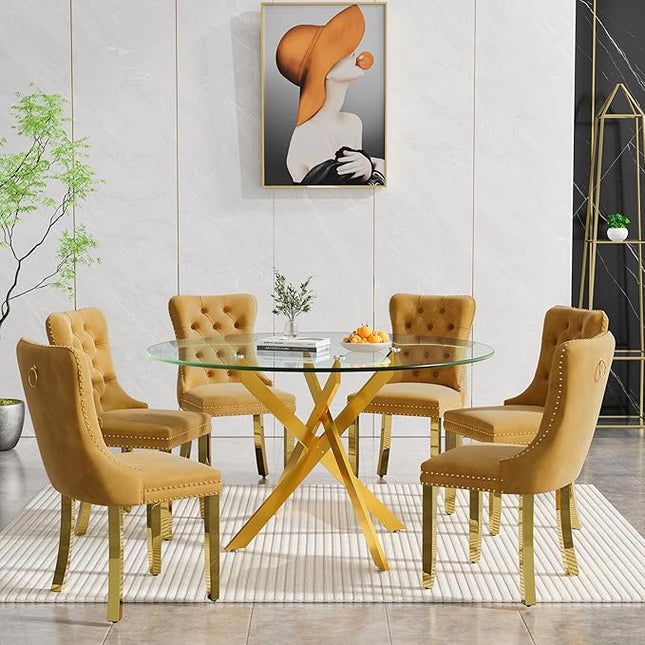 Round Glass Dining Table Set for 6, 47'' Clear Circular Kitchen Table and Chairs Set, 7PCS Modern Circle Dining Room Table Set with 6 Velvet Dining Chair for Home