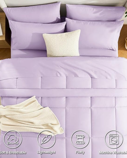 CozyLux Queen Comforter Set Lavender, 7 Pieces Bed in a Bag, Light Purple Comforter Queen Size, All Season Bedding Sets with Stitch Quilted Comforter, Flat Sheet, Fitted Sheet, Pillowcases