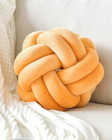Knot Pillow Ball, Soft Decorative Throw Cushion, 11 Inch Round Plush Knotted Pillow Dark Yellow, Modern Home Decor Cushion for Bedroom, Sofa, Couch