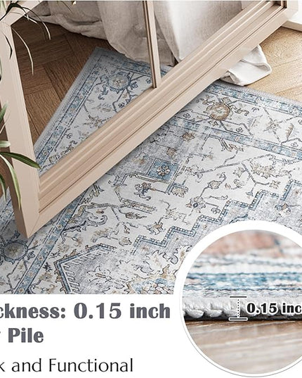 jinchan Oriental 2x3 Rug for Entryway - Machine Washable Non-Slip Doormat Ultra-Thin Low-Pile Small Vintage Floral Distressed Accent Rug for Entrance Bedroom Kitchen Bathroom (2x3ft, Grey/Blue)