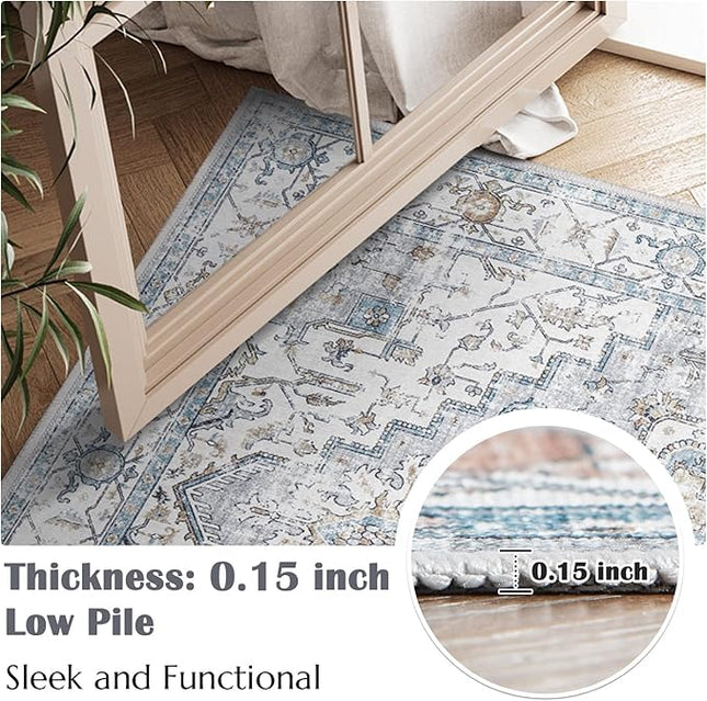 jinchan Runner Rug 3x8 for Hallway - Kitchen Machine Washable Vintage Floral Non-Slip with Rubber Backing Ultra-Thin Low-Pile Carpet Runner for Bedroom Laundry Room (3x8ft, Grey/Blue)