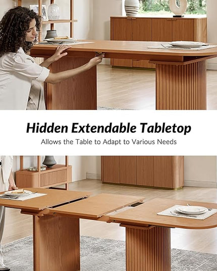 Modern Extendable Dining Table, Light Oak Wood, Mid-Century Design with Hidden Extension Board, Fluted Double Column Base, Rounded Corners, for Kitchen, Living Room