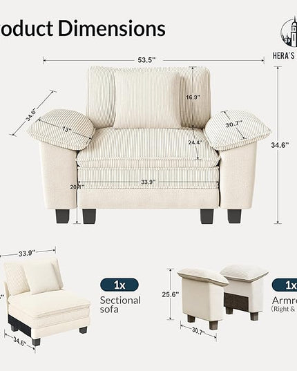 HERA'S HOUSE 54" Modular Sectional Sofa Couches for Living Room, Comfy Cloud Couch 1-Seater Deep Seat Sofa with Throw Pillow, Corduroy and Chenille Beige