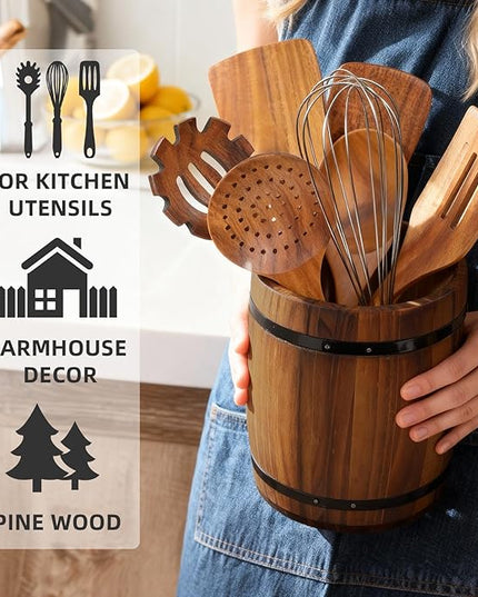 Tomato Garden Wooden Utensil Holder, Brown, Barrel Shape, Holds Spoons and Scoops, Wine Barrel Design, Painted, Smooth Surface, Sturdy Construction