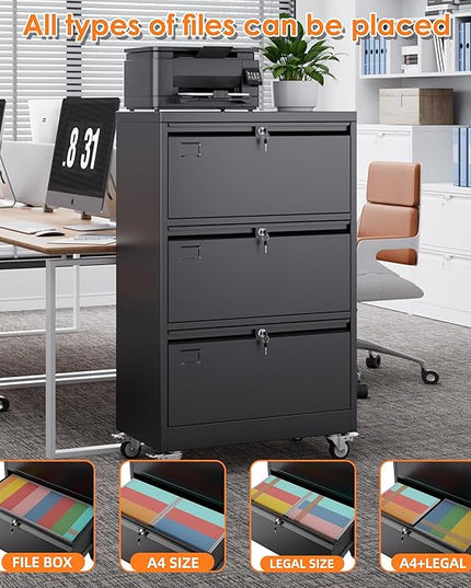 METAN Upgrade 3 Drawers Lateral File Cabinet on Wheels,Steel Office Filing Storage Cabinet with 3 Locks,Assembly Required,Black