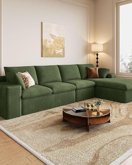 136" Cloud Couch Modular Sectional Sofa for Living Room, L-Shape Boneless Couch with Deep Seat, Modern Corduroy 4-Seater, No Assembly Required (Green,Right-Facing Chaise)