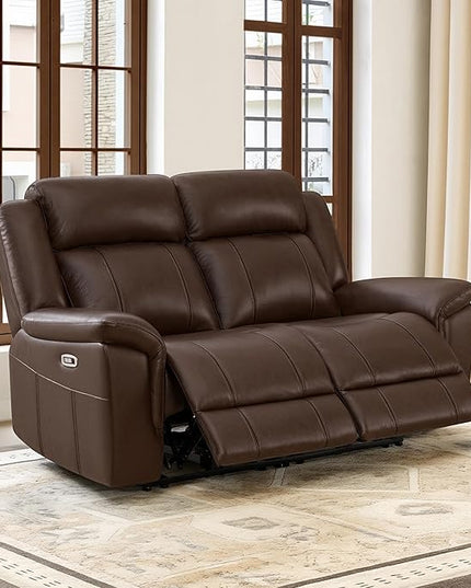CHITA Genuine Leather Power Recliner Sofa, Wall Hugger Reclining Loveseat with Power Headrest, Charging Ports, Reclining Sectional Couch for Living Room, RV, Dark Brown