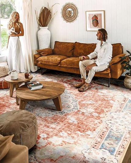 MUJOO 8'x10' Area Rugs for Living Room Large Washable Rug Boho Carpet 8'x10' for Bedroom Non Slip Abstract Soft Low-Pile Orange Navy Blue Floral