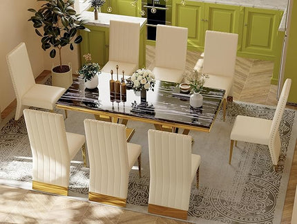 9 Piece Dining Table Set for 8, 78 inch Gold Dining Room Table Set with 8 White Leather Dining Chairs