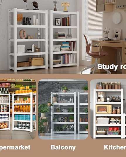 WORKPRO House 5-Tier Shelving Unit, 3000lbs Adjustable Storage Shelves, Boltless Book Shelf, Shelf Organizer for Kitchen, Living Room, Bathroom, Wood Grain Pattern, Waterproof Board, 24-1/10"W, White