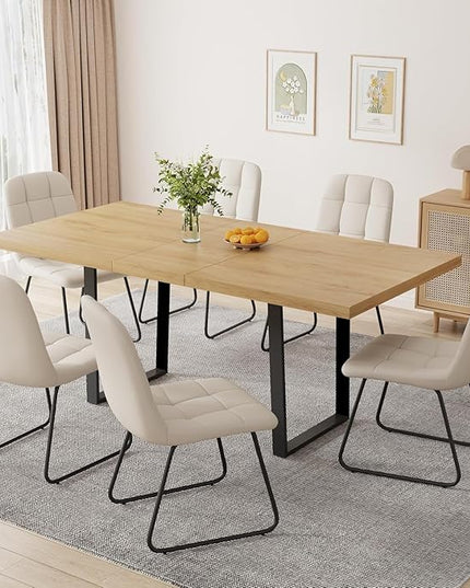 ZckyCine 51"-67" Extendable Dining Table Set for 4-6, Oak Finish Kitchen Table with 6 PU Leather Chairs, Scratch-Resistant MDF Board & Sturdy Metal Legs, Modern Dining Room Furniture